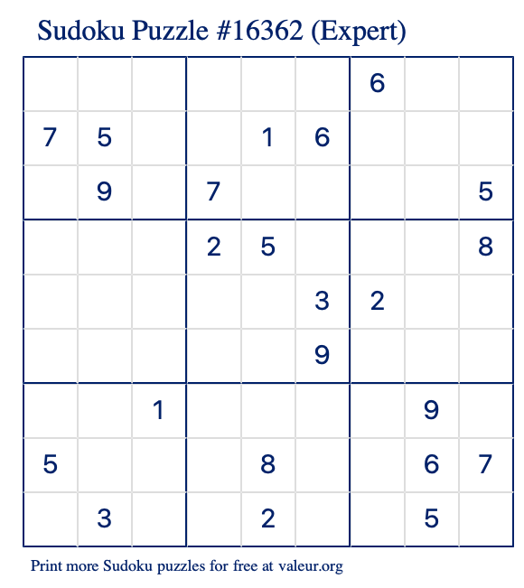 Free Printable Expert Sudoku Puzzle number 16362