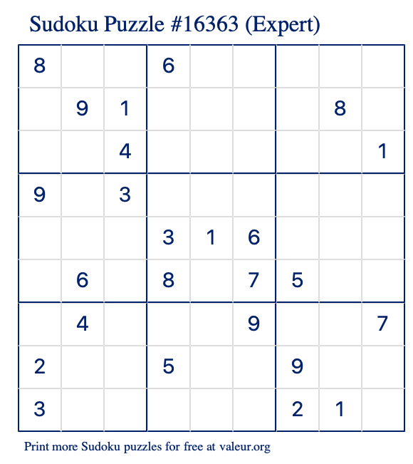 Free Printable Expert Sudoku Puzzle number 16363