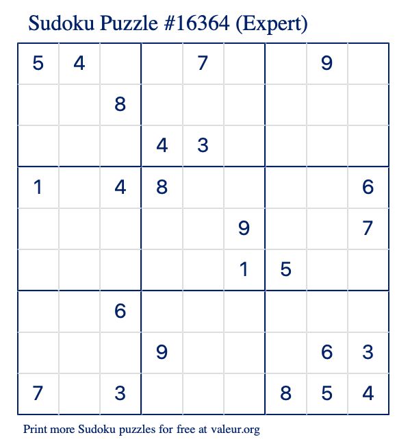 Free Printable Expert Sudoku Puzzle number 16364