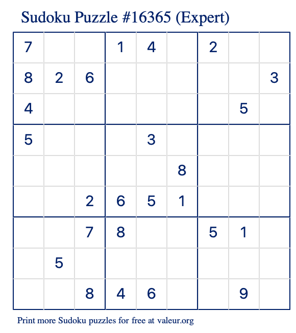 Free Printable Expert Sudoku Puzzle number 16365