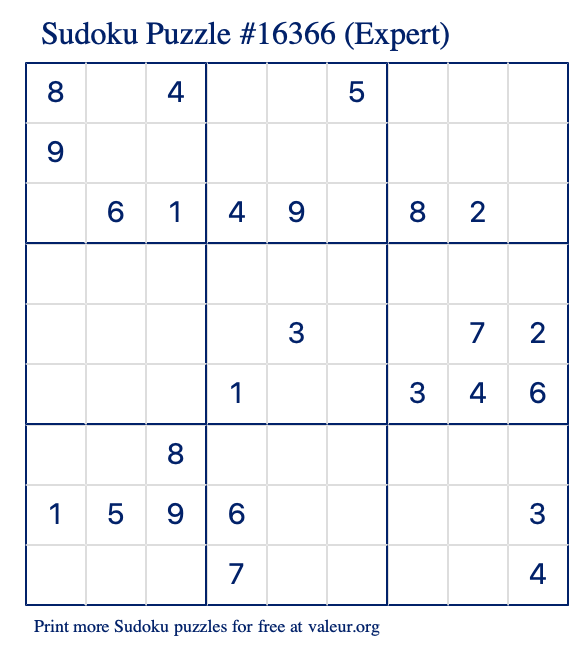 Free Printable Expert Sudoku Puzzle number 16366