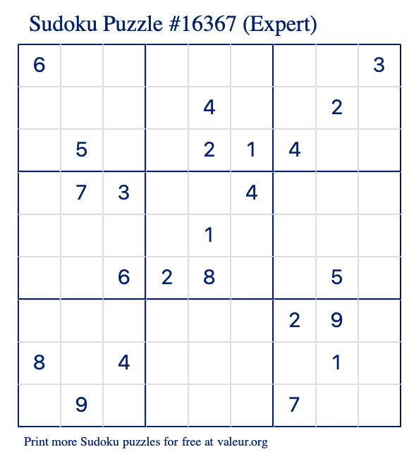 Free Printable Expert Sudoku Puzzle number 16367