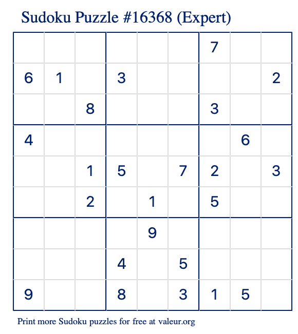 Free Printable Expert Sudoku Puzzle number 16368