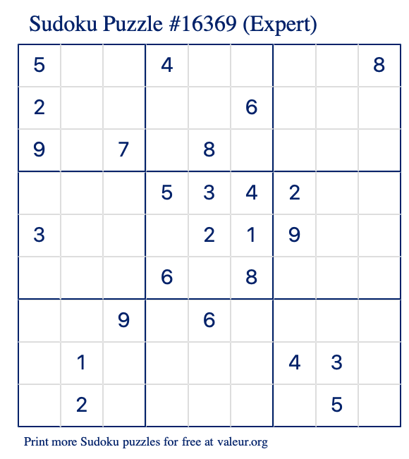 Free Printable Expert Sudoku Puzzle number 16369