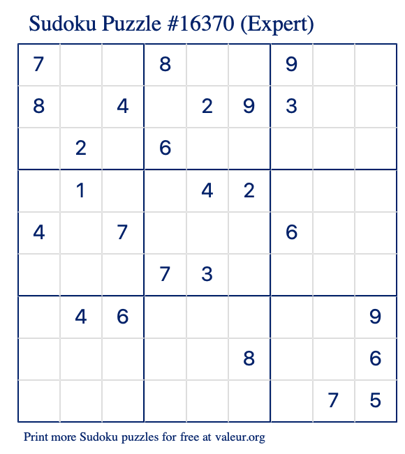 Free Printable Expert Sudoku Puzzle number 16370