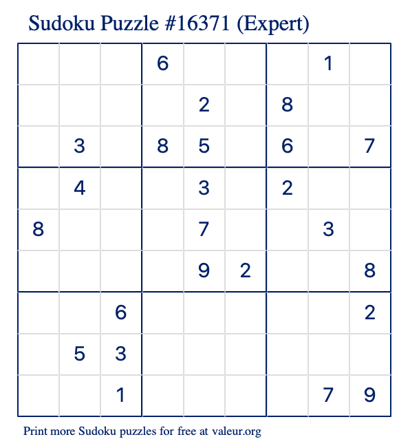 Free Printable Expert Sudoku Puzzle number 16371