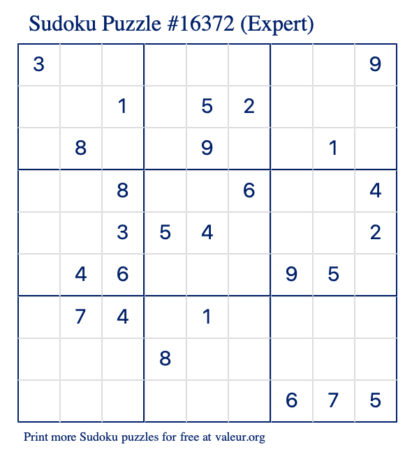 Free Printable Expert Sudoku Puzzle number 16372