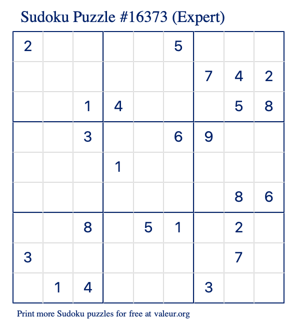 Free Printable Expert Sudoku Puzzle number 16373