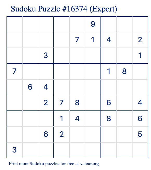 Free Printable Expert Sudoku Puzzle number 16374