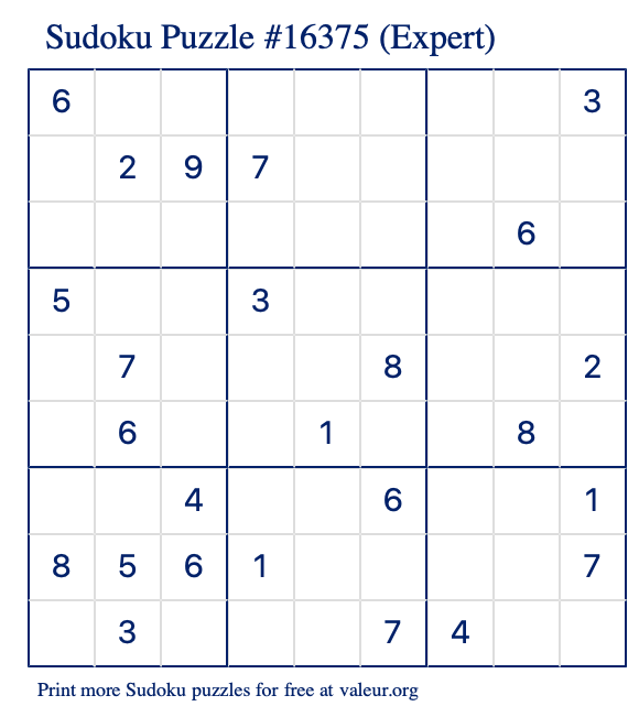 Free Printable Expert Sudoku Puzzle number 16375