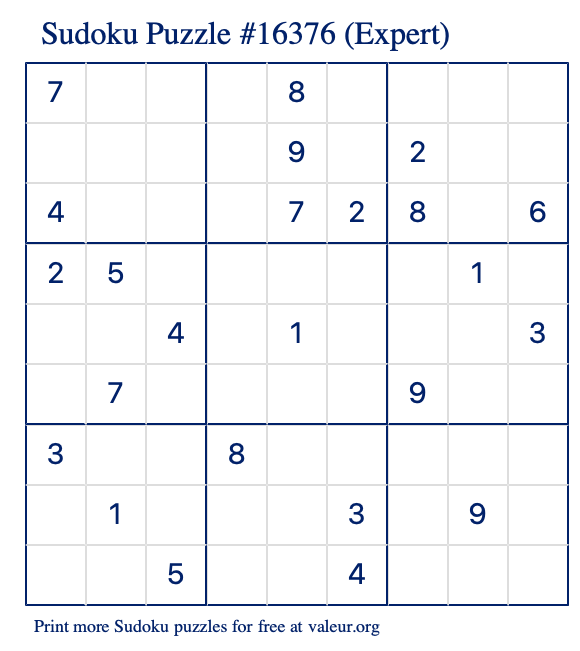 Free Printable Expert Sudoku Puzzle number 16376