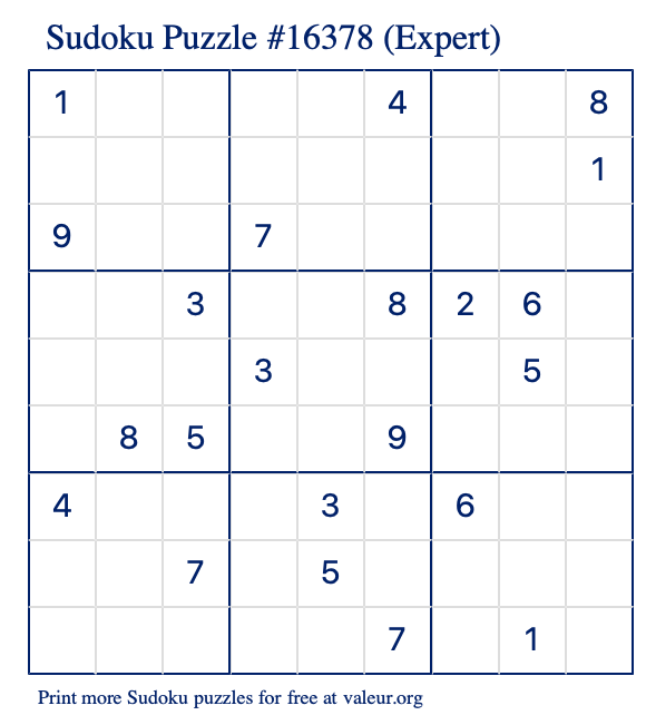 Free Printable Expert Sudoku Puzzle number 16378