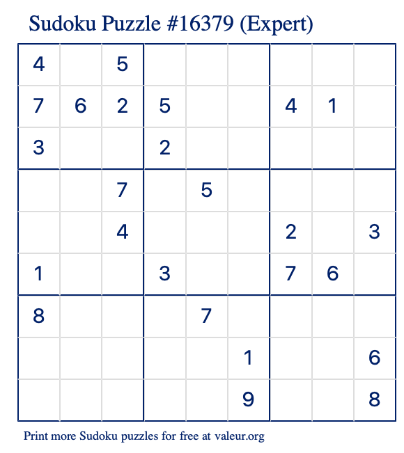 Free Printable Expert Sudoku Puzzle number 16379