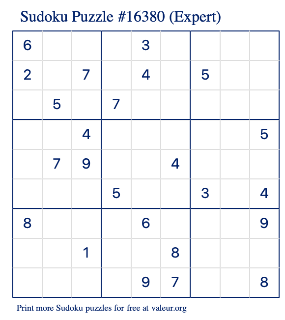 Free Printable Expert Sudoku Puzzle number 16380