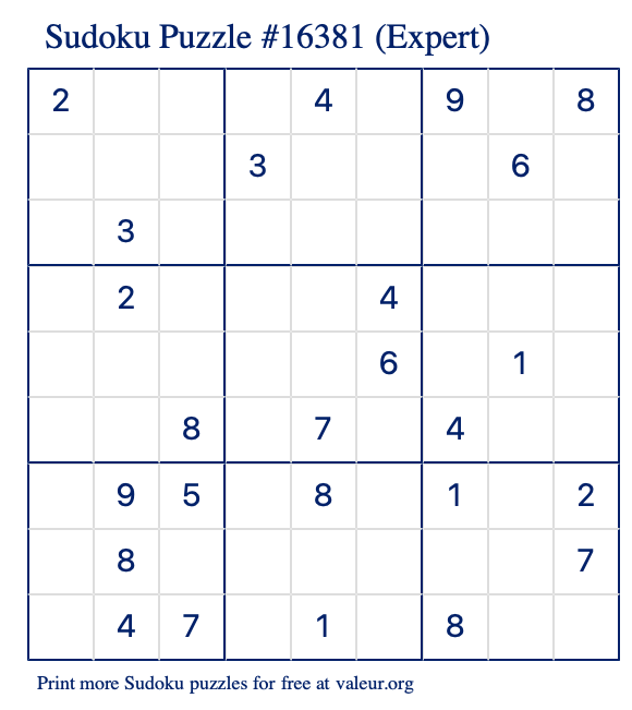 Free Printable Expert Sudoku Puzzle number 16381