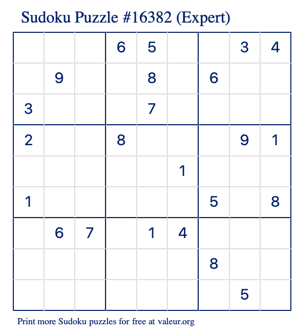 Free Printable Expert Sudoku Puzzle number 16382