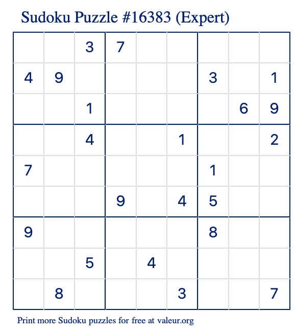 Free Printable Expert Sudoku Puzzle number 16383