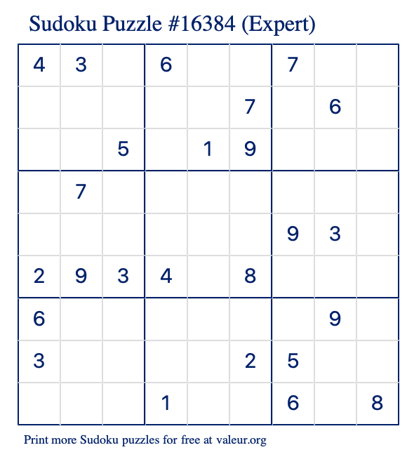 Free Printable Expert Sudoku Puzzle number 16384