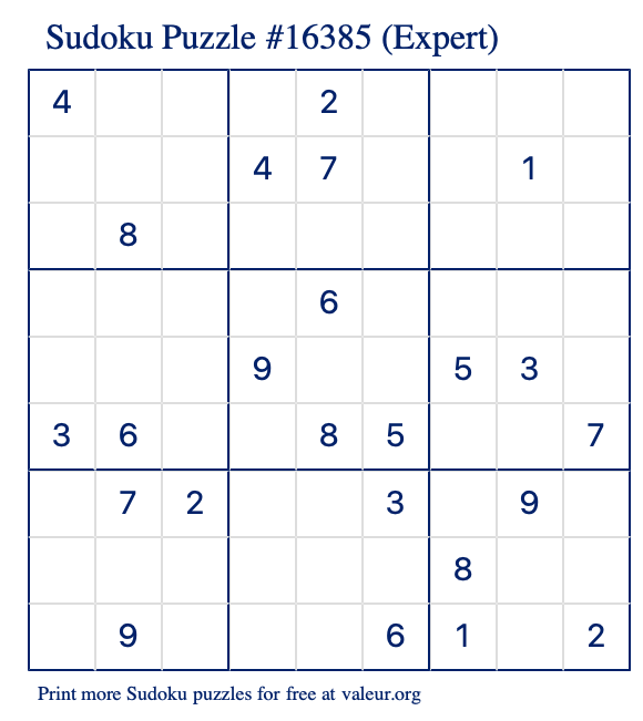 Free Printable Expert Sudoku Puzzle number 16385