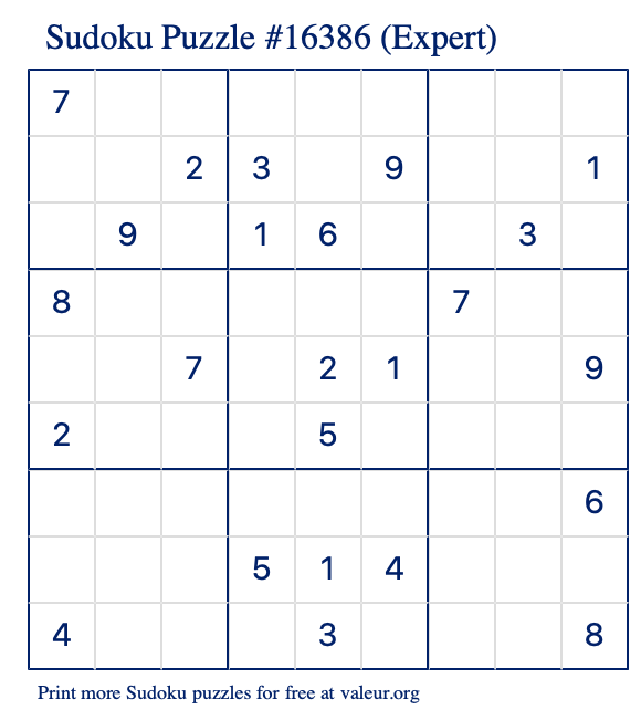 Free Printable Expert Sudoku Puzzle number 16386