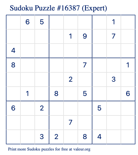 Free Printable Expert Sudoku Puzzle number 16387