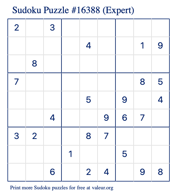 Free Printable Expert Sudoku Puzzle number 16388