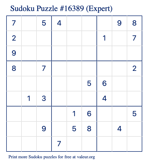 Free Printable Expert Sudoku Puzzle number 16389