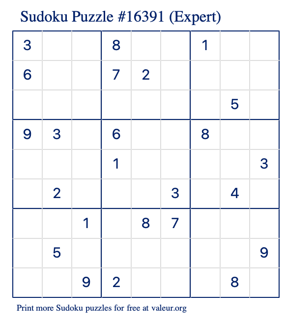 Free Printable Expert Sudoku Puzzle number 16391