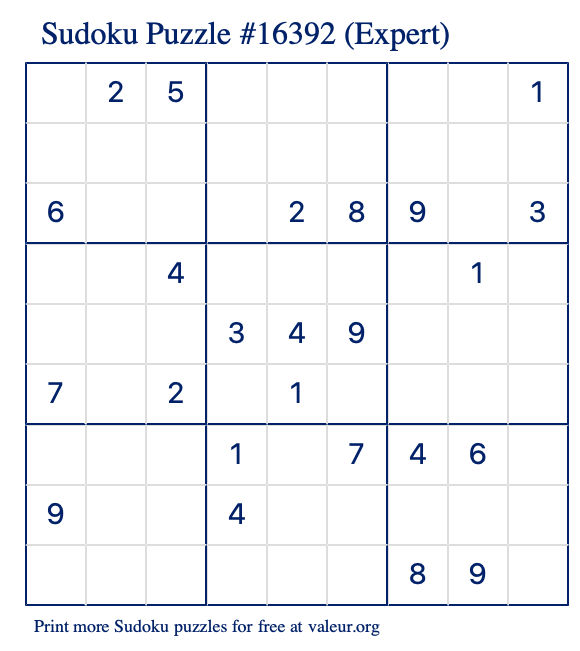 Free Printable Expert Sudoku Puzzle number 16392