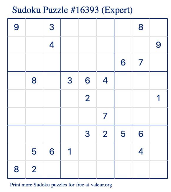 Free Printable Expert Sudoku Puzzle number 16393