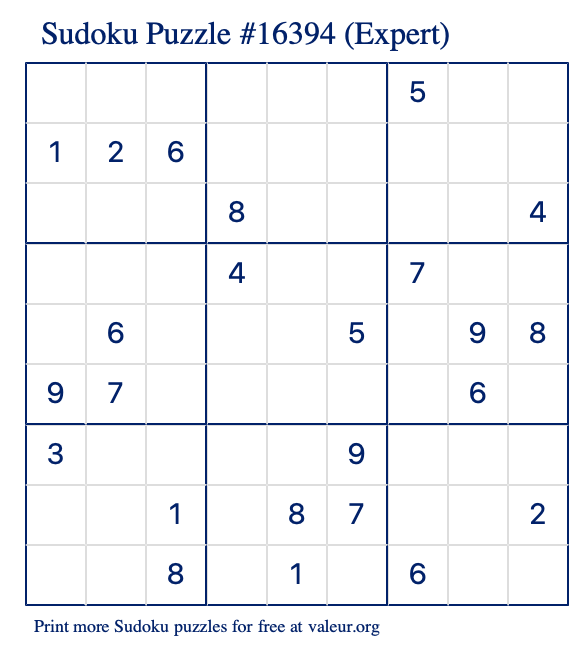 Free Printable Expert Sudoku Puzzle number 16394