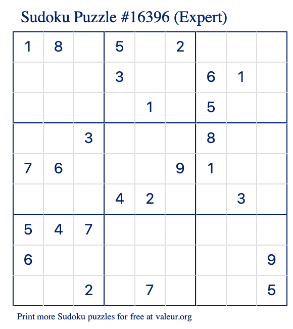 Free Printable Expert Sudoku Puzzle number 16396