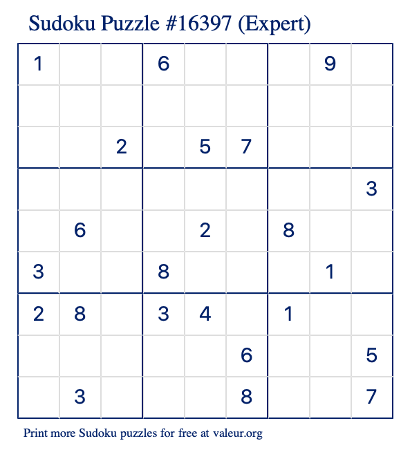 Free Printable Expert Sudoku Puzzle number 16397