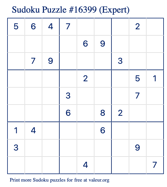 Free Printable Expert Sudoku Puzzle number 16399