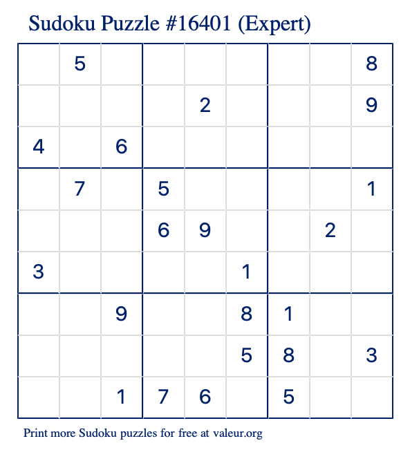 Free Printable Expert Sudoku Puzzle number 16401