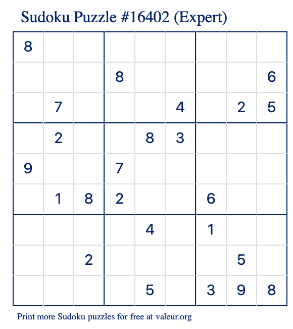 Free Printable Expert Sudoku Puzzle number 16402