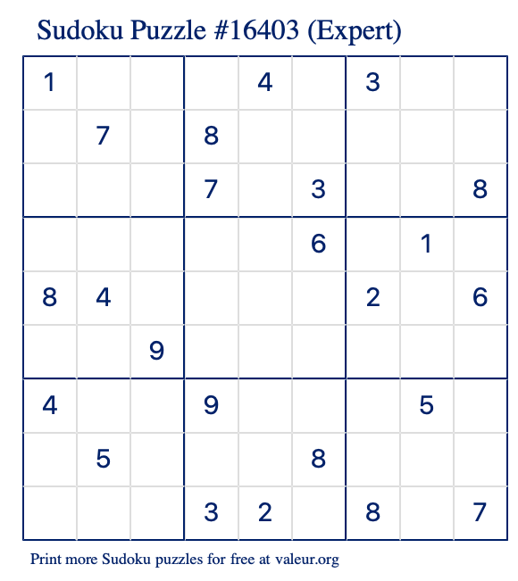 Free Printable Expert Sudoku Puzzle number 16403