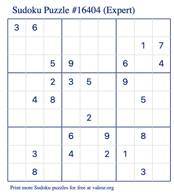 Free Printable Expert Sudoku Puzzle number 16404