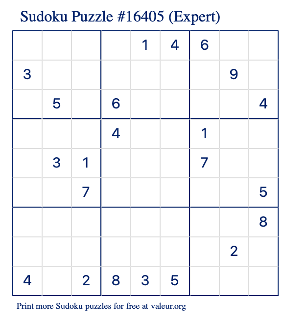 Free Printable Expert Sudoku Puzzle number 16405