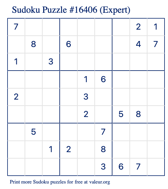 Free Printable Expert Sudoku Puzzle number 16406