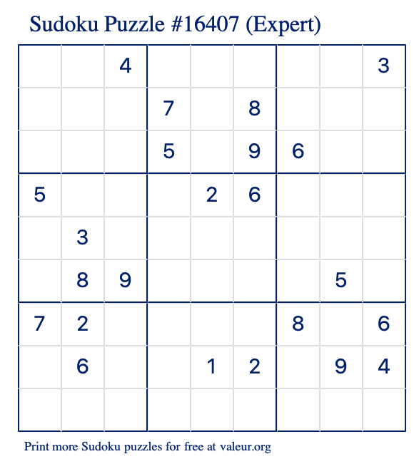 Free Printable Expert Sudoku Puzzle number 16407