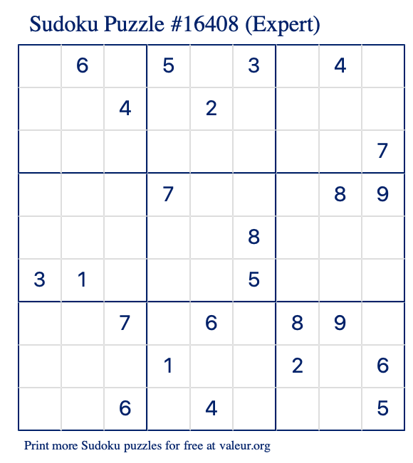 Free Printable Expert Sudoku Puzzle number 16408