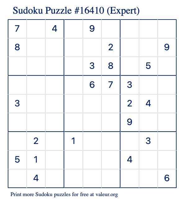 Free Printable Expert Sudoku Puzzle number 16410