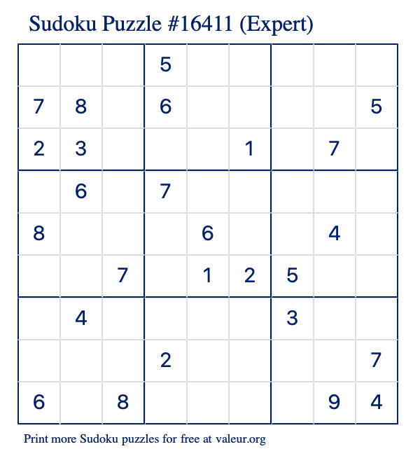 Free Printable Expert Sudoku Puzzle number 16411