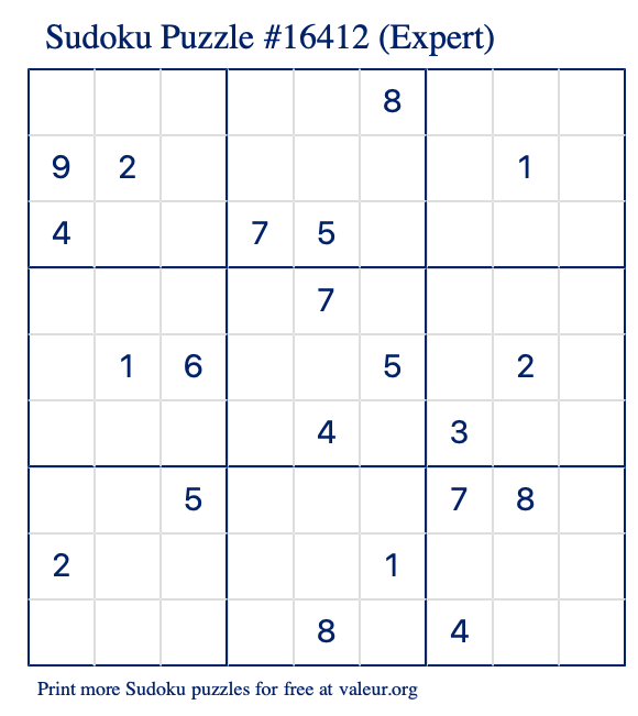 Free Printable Expert Sudoku Puzzle number 16412