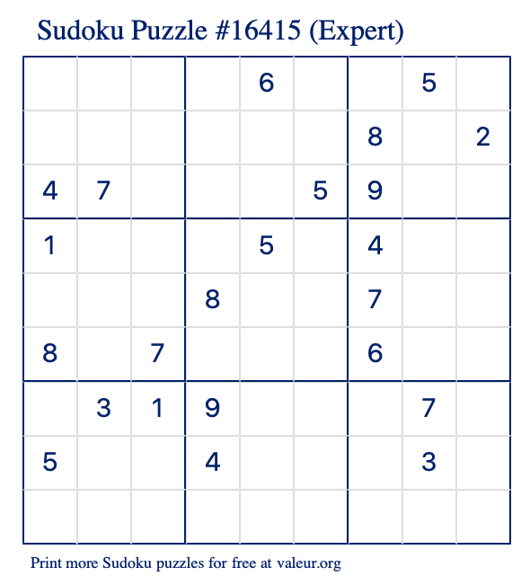 Free Printable Expert Sudoku Puzzle number 16415