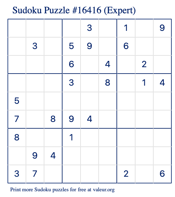 Free Printable Expert Sudoku Puzzle number 16416