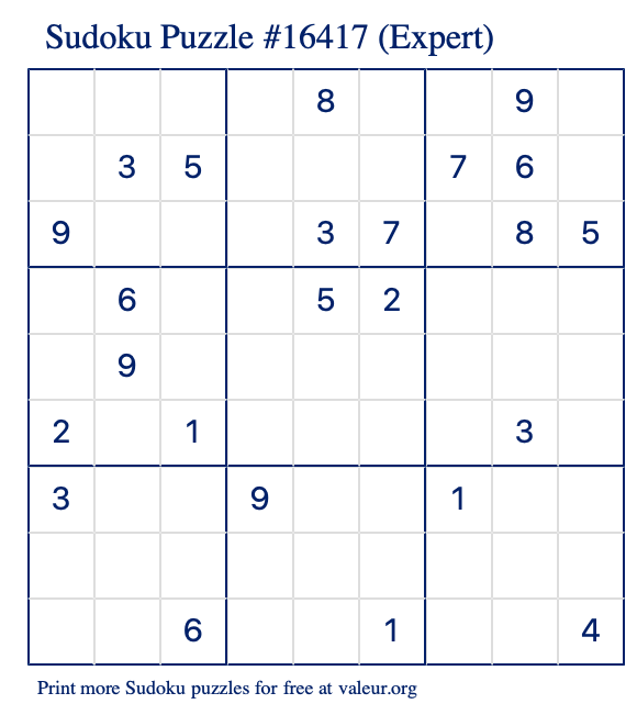 Free Printable Expert Sudoku Puzzle number 16417