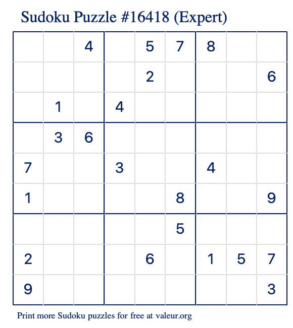 Free Printable Expert Sudoku Puzzle number 16418