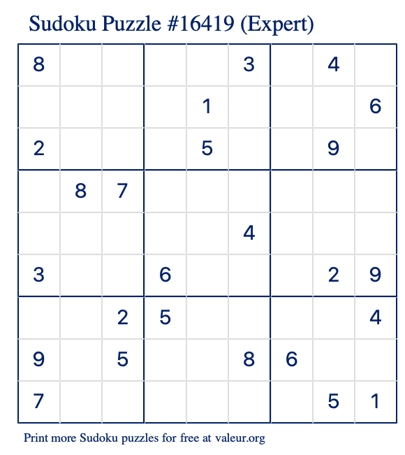 Free Printable Expert Sudoku Puzzle number 16419